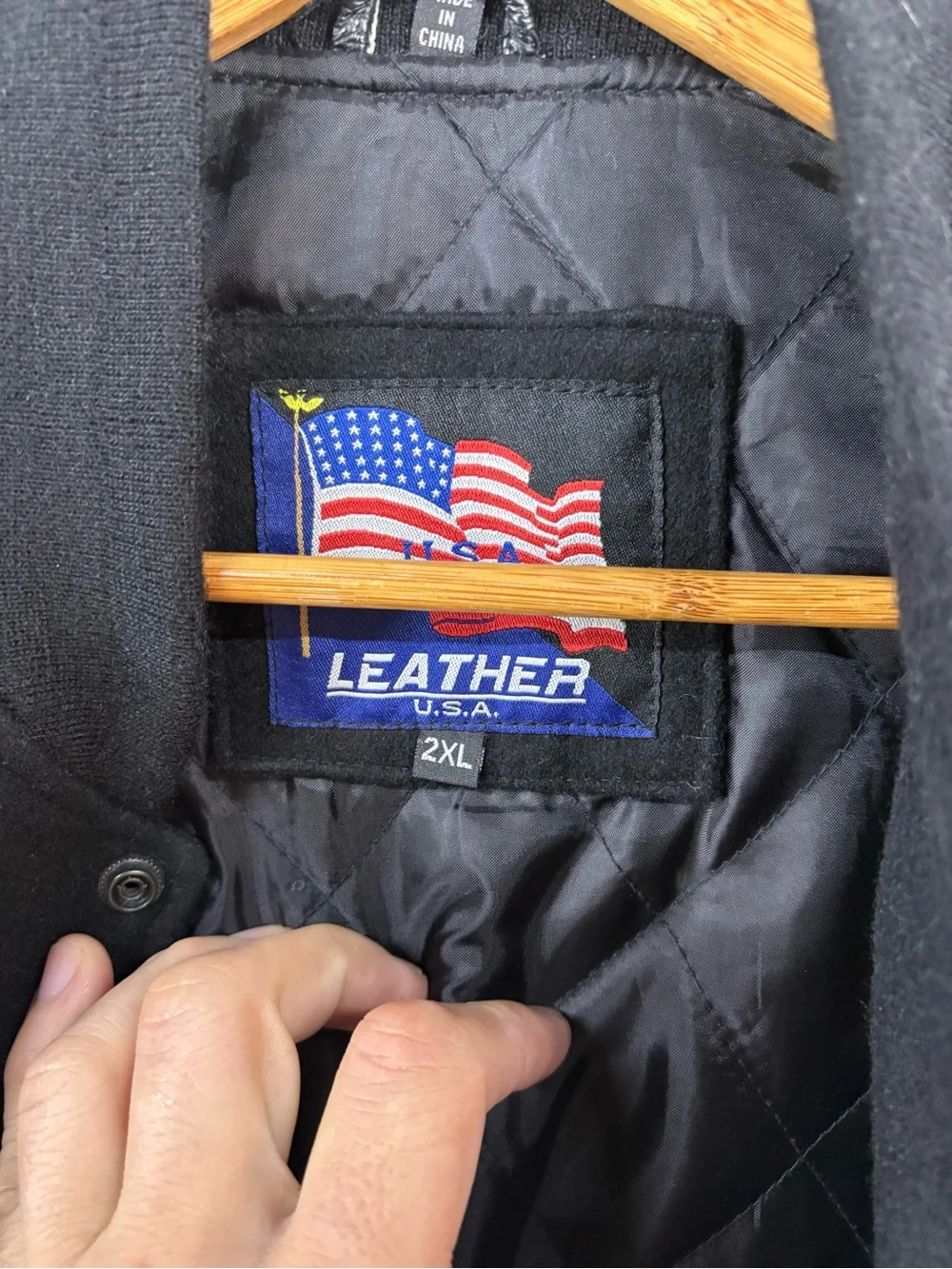 Usa Leather Men Bomber Jacket Leather Wool Logo Dmos5 Black Size 2XL Varsity